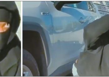 피해자 차량 블랙박스 카메라에 포착된 절도 용의자가 몸을 숙인 채 조수석 문을 여는 모습. [ABC7 캡처]