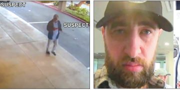 시니어를 노린 '주의 분산 절도'가 기승이다. 지난달 이글록 ATM에서 타깃을 물색하는 용의자들(왼쪽)과 25일 발생한 사건의 용의자들. [NBC4·KTLA 캡처]