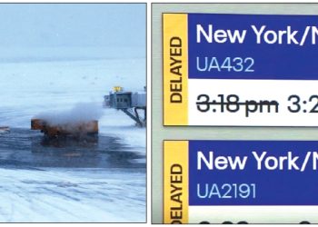 23일 뉴욕 라과디아 공항에서 제설차가 활주로 주변 눈을 치우고 있다. (오른쪽)LA국제공항(LAX)에서 출발하는 동부행 항공편 100여 편이 취소 또는 연기됐다. [로이터, ABC7 캡처]