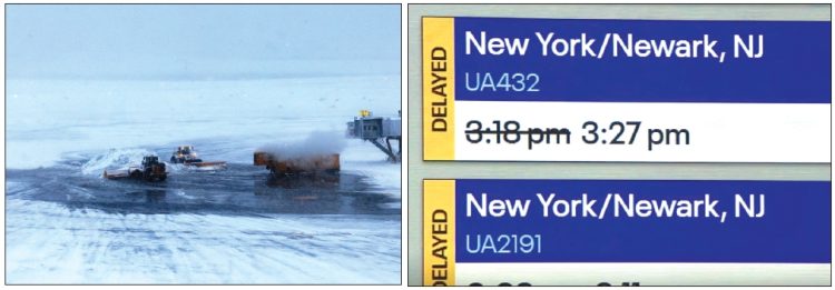 23일 뉴욕 라과디아 공항에서 제설차가 활주로 주변 눈을 치우고 있다. (오른쪽)LA국제공항(LAX)에서 출발하는 동부행 항공편 100여 편이 취소 또는 연기됐다. [로이터, ABC7 캡처]