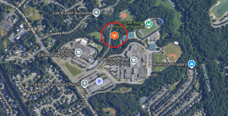 스와니 피치트리 릿지 고등학교 인근에 들어설 기지국 위치. 구글맵