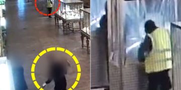 지난해 10월19일 프랑스 파리 루브르 박물관에 침입한 절도범(빨간 원)과 제지 시도에 머뭇거리는 경비원(노란 원). 사진 TF1 공개 내부 CCTV 영상 캡처