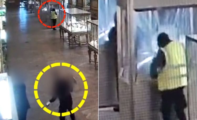 지난해 10월19일 프랑스 파리 루브르 박물관에 침입한 절도범(빨간 원)과 제지 시도에 머뭇거리는 경비원(노란 원). 사진 TF1 공개 내부 CCTV 영상 캡처