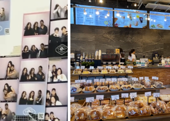 카페 투하스 벽에 붙여진 방문객들의 인증사진.(왼쪽), 빵과 케익으로 가득한 모짜르트 매장.