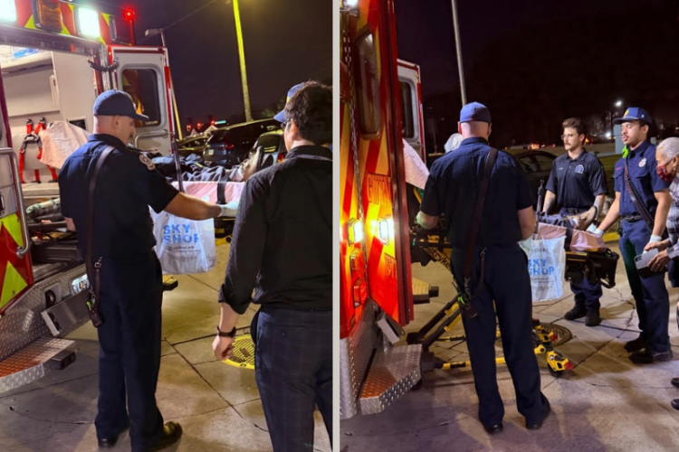 호텔에서 한인 노인이 응급차를 타고 병원으로 이송되는 모습.