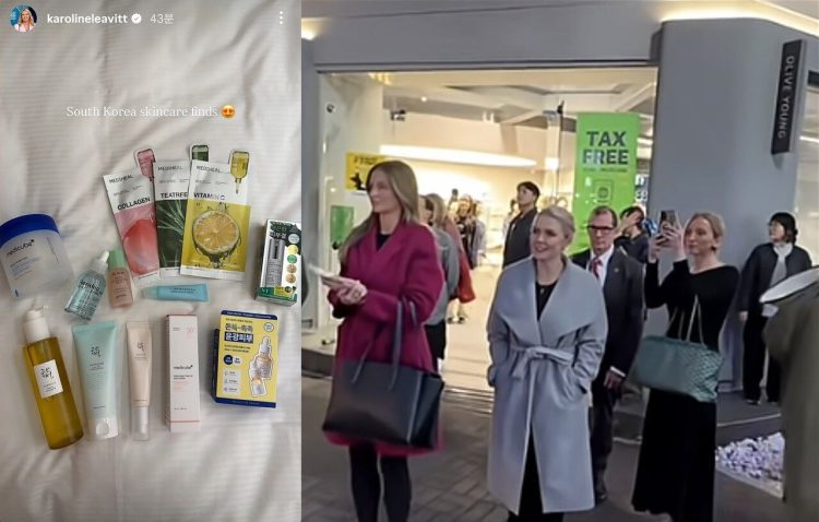 캐롤라인 레빗 미국 백악관 대변인이 작년 10월 한미 정상회담이 열린 직후 올리브영에서 구입한 화장품 인증샷을 자신의 소셜미디어에 올리면서 올리브영은 ‘K-뷰티 쇼핑성지’로서의 명성을 입증했다. [사진 유튜브 캡처, 중앙포토]