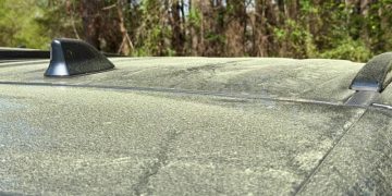 3월 23일 둘루스 주차장에 세워진 한 차량 위에 꽃가루가 가득 묻어있다. 윤지아 기자.