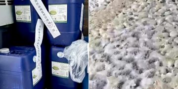 과산화수소(왼쪽)로 표백되고 있는 닭발. 사진 CCTV 캡처