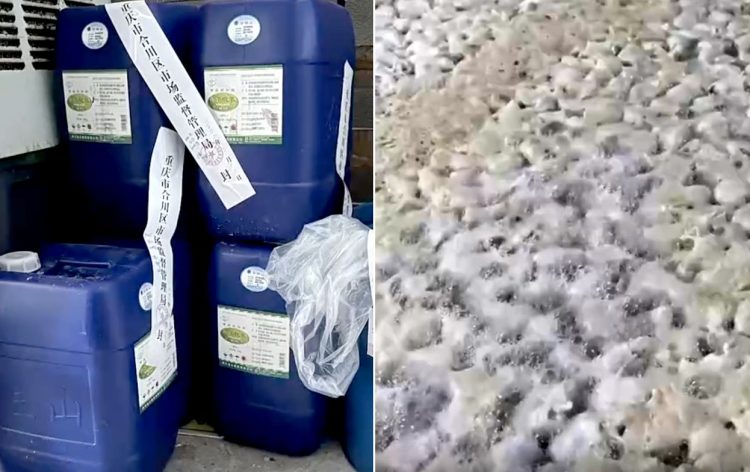 과산화수소(왼쪽)로 표백되고 있는 닭발. 사진 CCTV 캡처