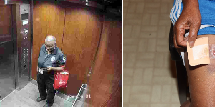 풀턴 검찰이 재판 과정에서 증거로 제시한 아파트 CCTV 영상 및 허벅지 상흔. 검찰은 CCTV에 찍힌 인물이 피해자를 살해한 직후의 용의자라고 주장했으며 허벅지 상처는 피해자와의 몸싸움으로 생긴 것이라고 했다.