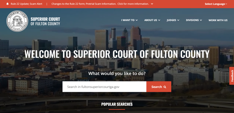 풀턴 수피리어 법원 홈페이지에 사기를 조심하라는 알림이 떠있다.