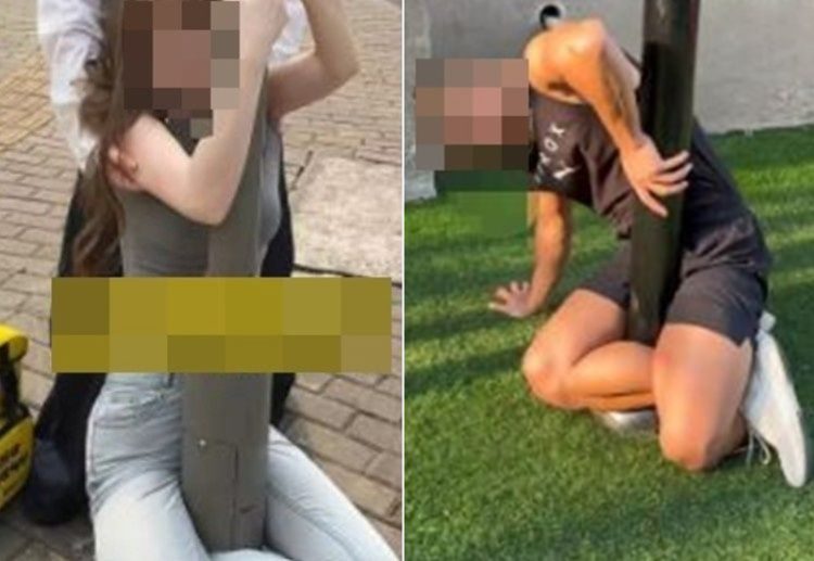 최근 중국 소셜미디어(SNS)에서 유행 중인 ‘가로등 챌린지’에 도전하는 모습. 사진 SNS 캡처