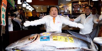 기무라 기요시 스시 체인 ‘스시 잔마이’ 사장이 지난 1월 5일 일본 도쿄 ‘스시 잔마이’ 본점에서 5억1030만엔에 낙찰받은 243㎏ 참다랑어 앞에서 포즈를 취하고 있다. EPA=연합뉴스