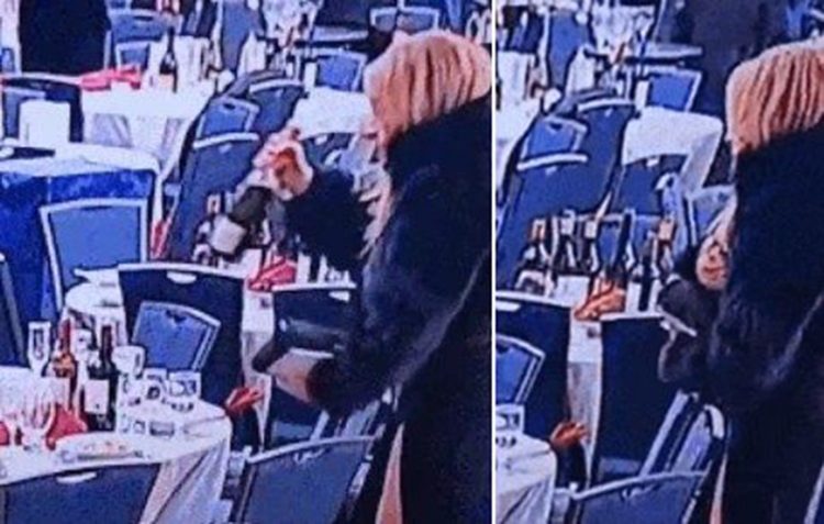 지난 25일 미국 백악관 출입기자단 만찬 행사장 총격 사건 직후 현장에서 와인 병을 챙겨가는 여성의 모습. 사진 엑스 캡처