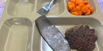 미군 장병에게 제공된 식사로, 다진 고기 패티와 정체를 알 수 없는 고기 한 조각, 당근 몇 조각만 담겨 있다. 사진 엑스(X) 캡처