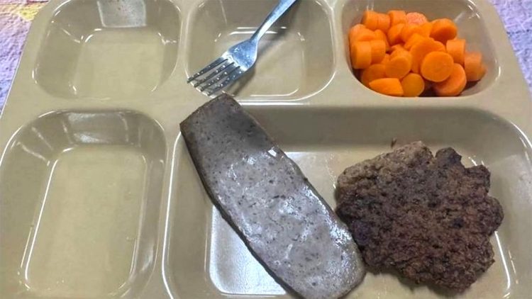 미군 장병에게 제공된 식사로, 다진 고기 패티와 정체를 알 수 없는 고기 한 조각, 당근 몇 조각만 담겨 있다. 사진 엑스(X) 캡처