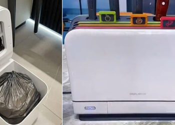 자동 밀봉 기능이 있는 스마트 쓰레기통(왼쪽), 주방 용품 살균기. 사진 데일리메일 캡처