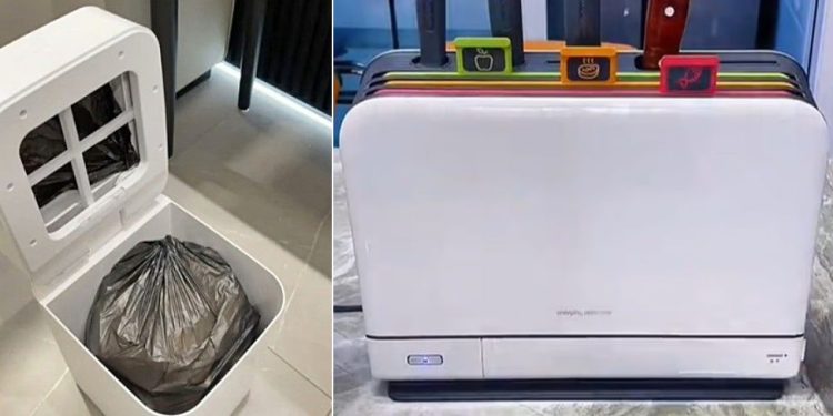 자동 밀봉 기능이 있는 스마트 쓰레기통(왼쪽), 주방 용품 살균기. 사진 데일리메일 캡처