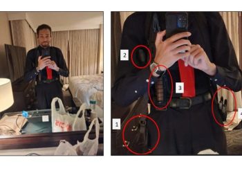 29일 미국 법무부가 법원에 제출한 자료에 포함된 사진으로 콜 토마스 앨런이 지난 25일 워싱턴의 호텔 객실 안에서 휴대전화로 거울 셀카를 촬영하는 모습(왼쪽)과 이를 보정한 이미지(오른쪽). [로이터]