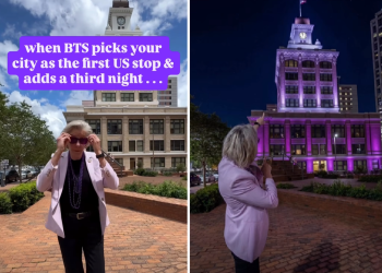 제인 캐스터 탬파 시장이 15일 보라색 조명으로 물든 시 청사를 가리키며 BTS 북미 첫 공연을 알리고 있다. [인스타그램 캡처]