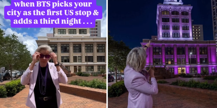 제인 캐스터 탬파 시장이 15일 보라색 조명으로 물든 시 청사를 가리키며 BTS 북미 첫 공연을 알리고 있다. [인스타그램 캡처]