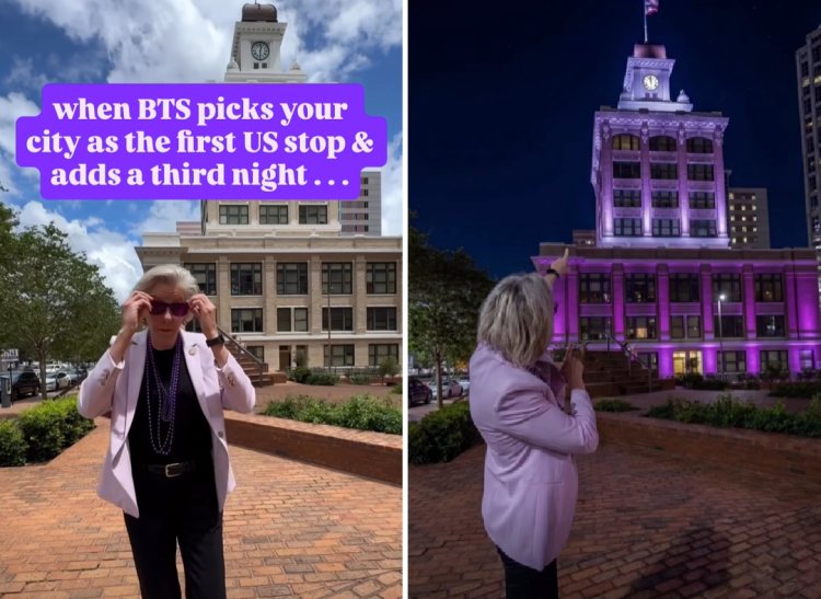 제인 캐스터 탬파 시장이 15일 보라색 조명으로 물든 시 청사를 가리키며 BTS 북미 첫 공연을 알리고 있다. [인스타그램 캡처]