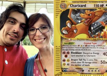 왼쪽은 앤드루 브라운드 커플. 오른쪽은 브라운드가 소장한 포켓몬 카드인 스카이리지 리자몽 홀로 카드. 피플 캡쳐